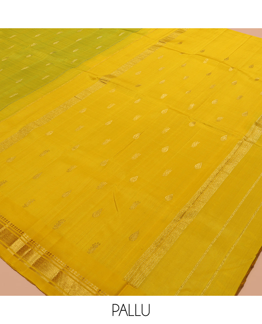 Green Kanchipuram Silk Saree, Subtly Woven with Zari Buttas, a Contrast One-Sided Border of Panner Sombu, Banaras, and Mayil Kann Designs, Zari Design Pallu, and No Blouse