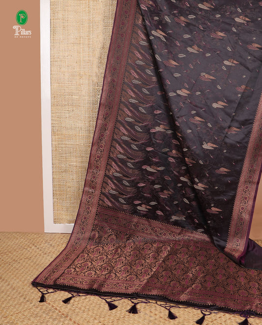 Wine color copper thread leaf design mulberry satin silk saree with zari border & rich pallu along with emboss zari border blouse