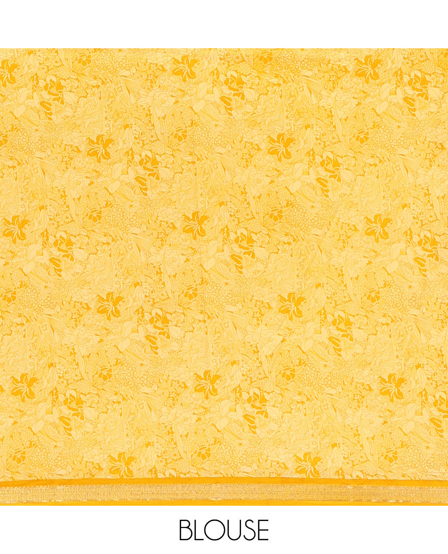 Yellow Printed Silk Saree, Ornamented with Floral Vine Print, a Traditional Zari Border, Floral Pallu, and a Matching Blouse
