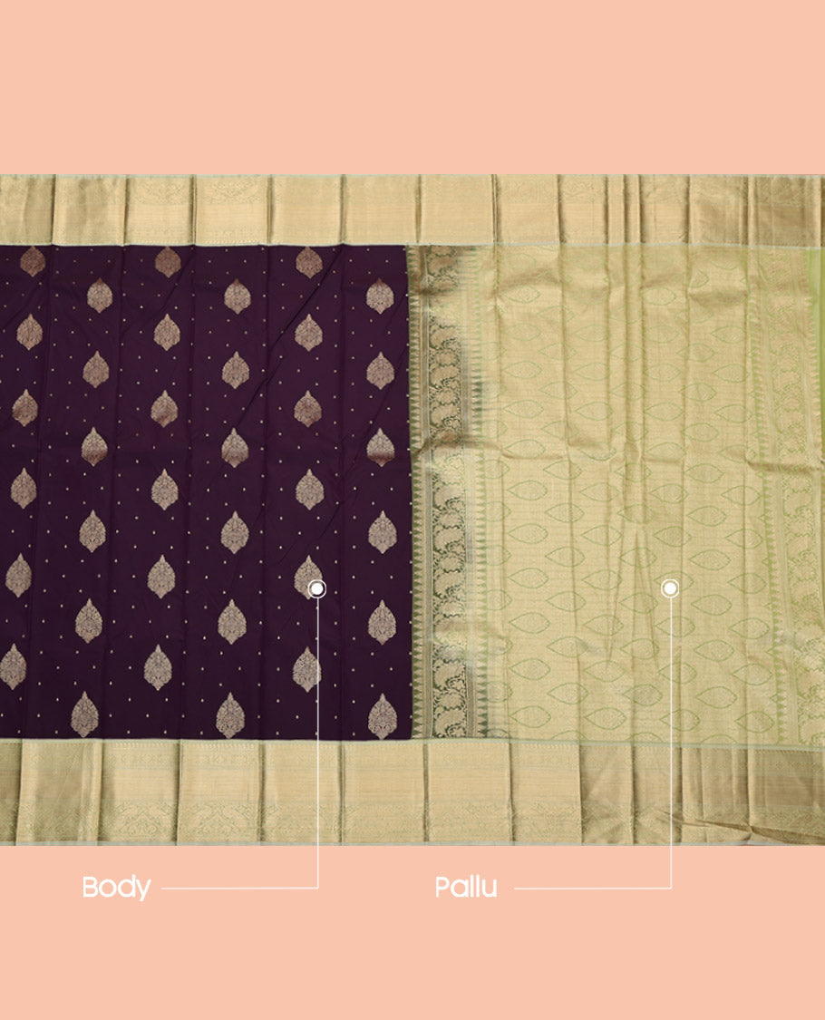 Purple Budget Silk Saree, Adorned with Zari Buttas, Complemented by Contrast Traditional Zari Border, Grand Pallu and a Contrast Blouse