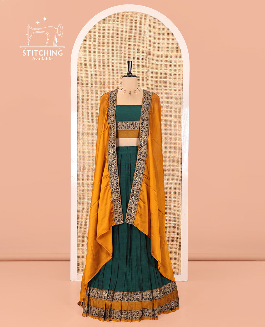 Bottle Green-Mustard Mercerised Cotton Half-Saree Features Plain with Contrast Rettai Pettu Elephant-Chakram Bordered Skirt, Paired with a Matching Blouse, and Comes with a Contrast Elephant-Chakram-Bordered Dhavani