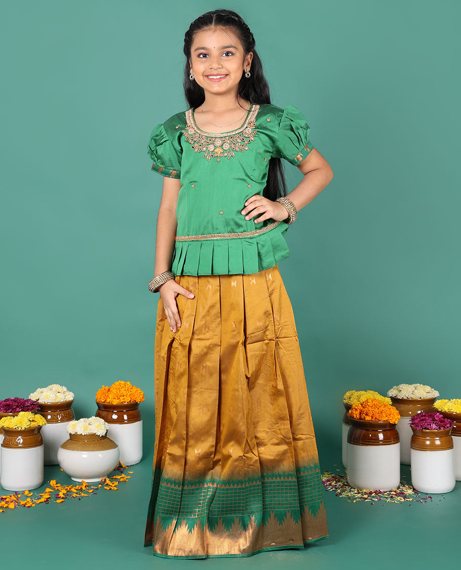 Mustard readymade art silk pavadai, zari buttas & contrast traditional zari border skirt & embroidered puff-sleeve round-neck blouse