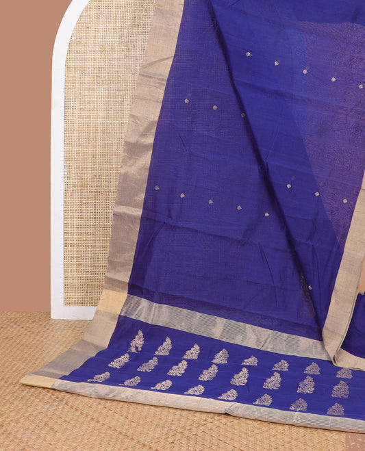 Blue floral motifs chanderi cotton saree with self zari border & striped, floral design pallu