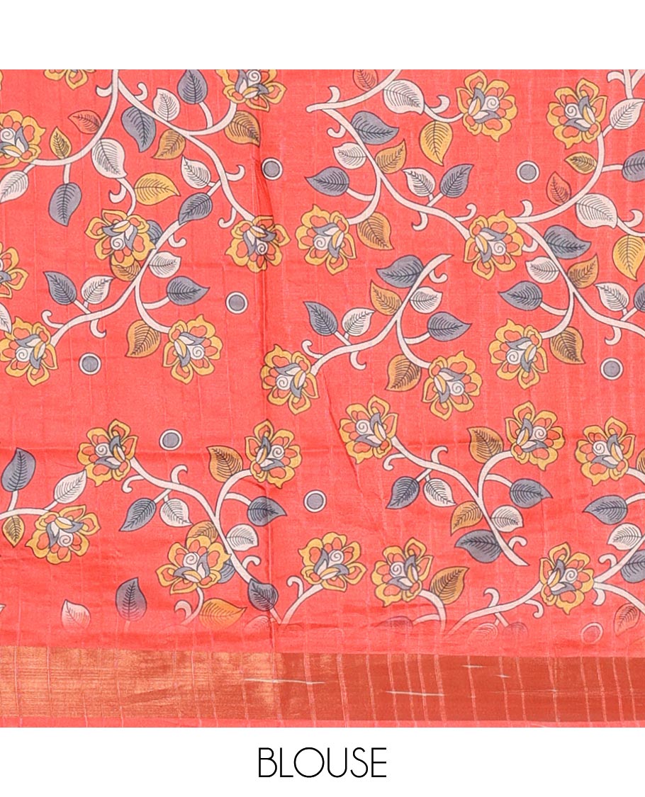 Grey uniquely printed soft tussar saree, contrast zari border, kalamkari floral vine printed pallu & kalamkari printed blouse