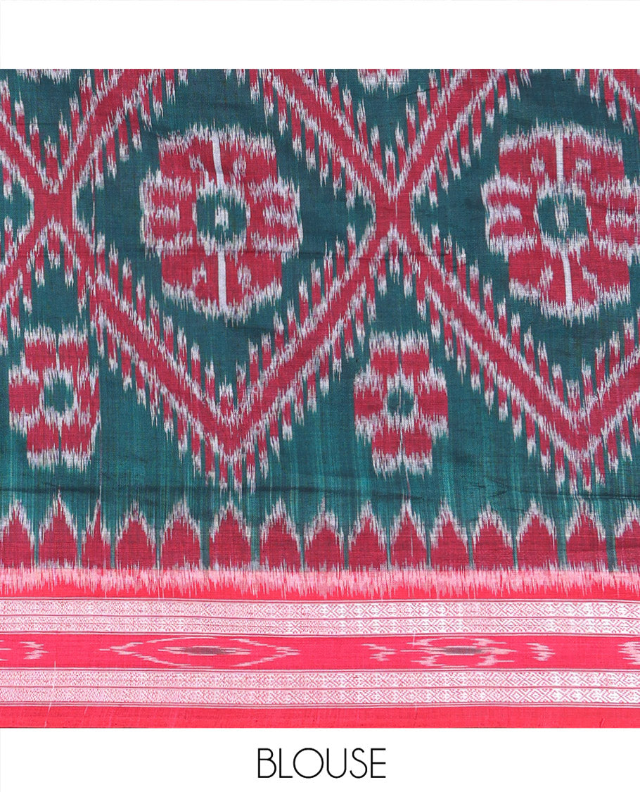 Green Odisha Cotton Saree, Adorned with Floal Butta Enclosed Diamond Patterns All Over the Body, Complemented by a Contrast Border of Thread Designs, Pallu of Floral Designs in Hazily Weave, and Paired with a Matching Blouse