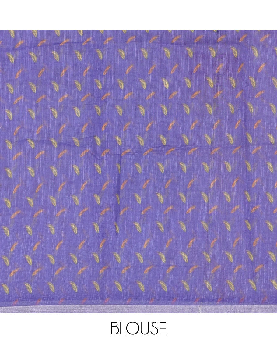 Lavender colorful floral vine printed with mirror embroidered linen saree, contrast zari piping border, and contrast printed blouse