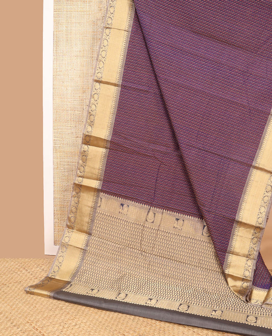 Blue striped design silk cotton saree with contrast floral design border & paisley, bird zari design pallu