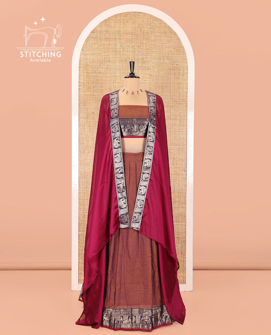 Dark Onion Pink-Rani Pink Mercerised Cotton Half-Saree Features Plain with Contrast Traditional Zari Bordered Skirt, Paired with a Matching Blouse, and Comes with a Contrast Bordered Dhavani