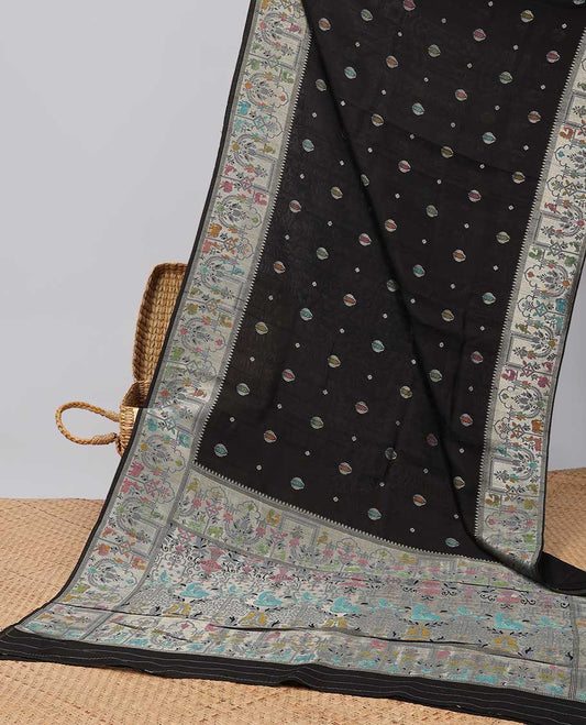 Black floral motifs matka silk saree with self floral embroidery &  intricate embroidery pallu