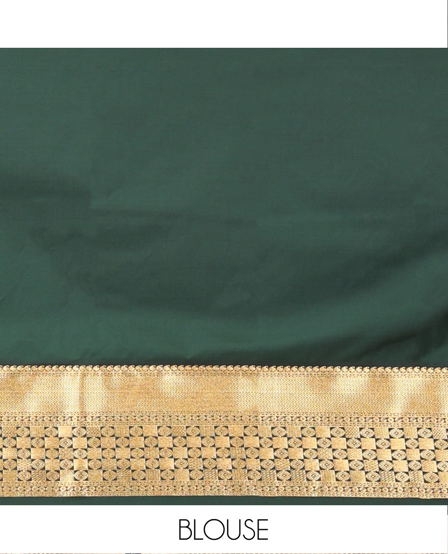 Red and Dark Green Budget Silk Saree, Steeped with the Richness of Zari Designs On Its Body, Complemented by Contrast Traditional Zari Designs Woven Border, Grand Pallu and Paired with a Contrast Blouse