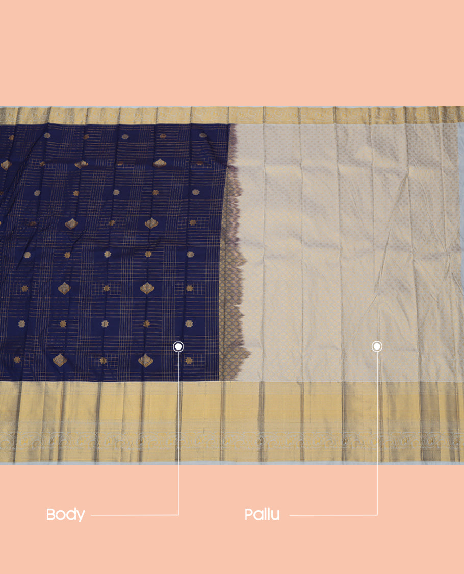 Blue Budget Silk Saree, Graced with Zari Buttas, a Contrast Traditional Zari Border, Grand Pallu, and a Contrast Blouse
