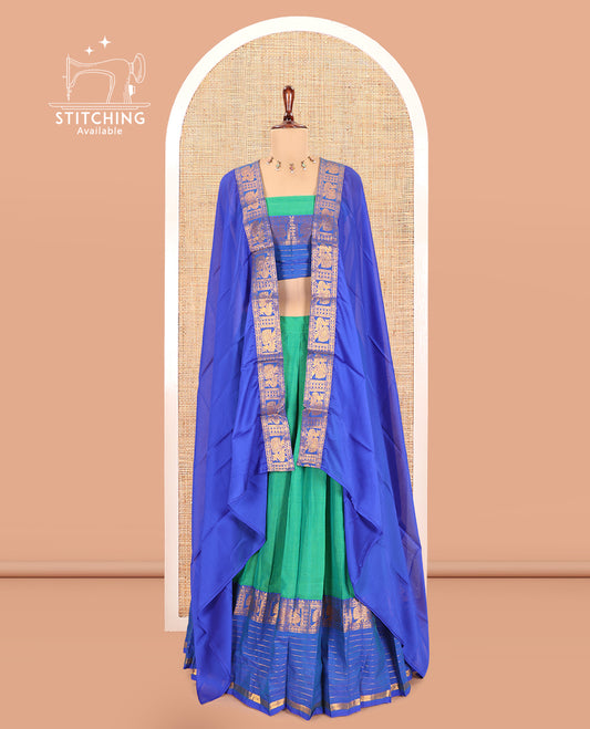 Rama-Royal Blue Mercerised Cotton Half-Saree, Contrast Annam Bordered Skirt,Matching Blouse,Contrast Dhavani
