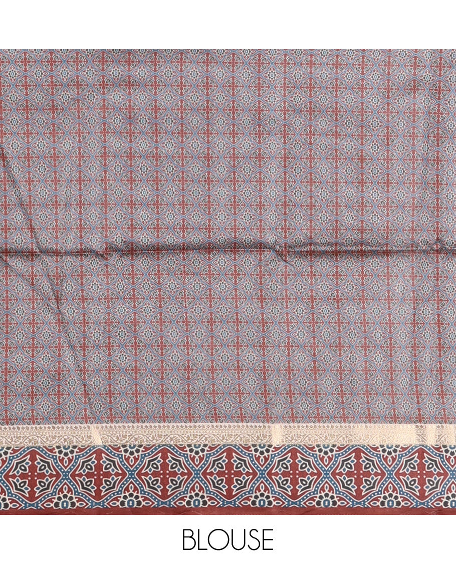 Cream gold zari buttas semi-organza saree, contrast zari & Ajrakh printed brown border, zari weaving pallu & Ajrakh printed blouse