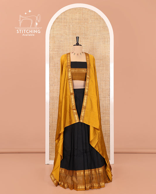 Black-Mustard Chettinad Cotton Half-Saree Featuring Plain Skirt, Contrast Rettai Pettu Rudraksham Border, Matching Blouse, Syska Georgette Dhavani
