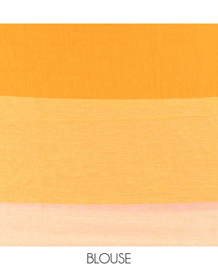 Borderless orange ombre-colored striped Khadi mul cotton saree, multi-colored tasseled pallu, and a matching blouse