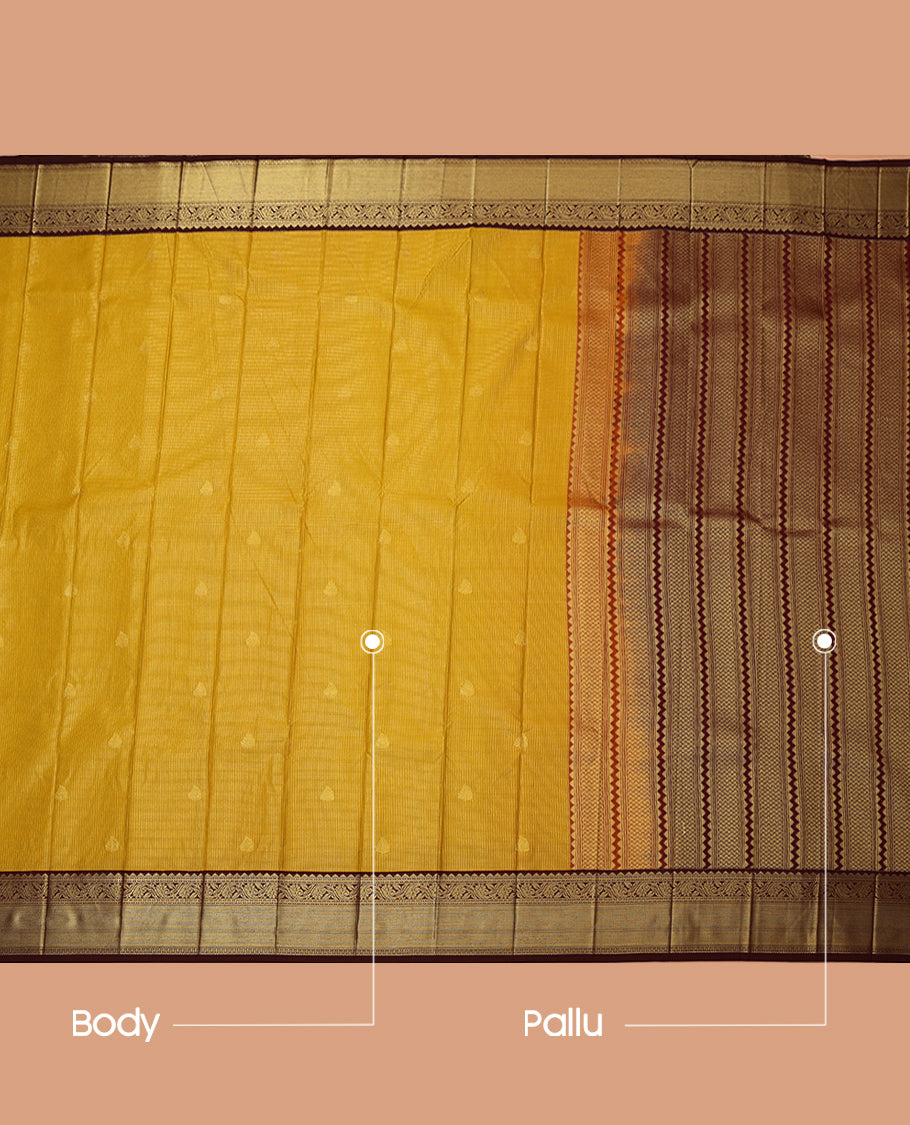 Mustard Budget Silk Saree, Woven with Zari Buttas and Checks, a Contrast Traditional Zari Border, Grand Pallu, and a Contrast Blouse