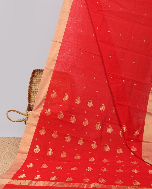 Red motifs printed chanderi cotton saree with contrast plain border & paisley motifs pallu