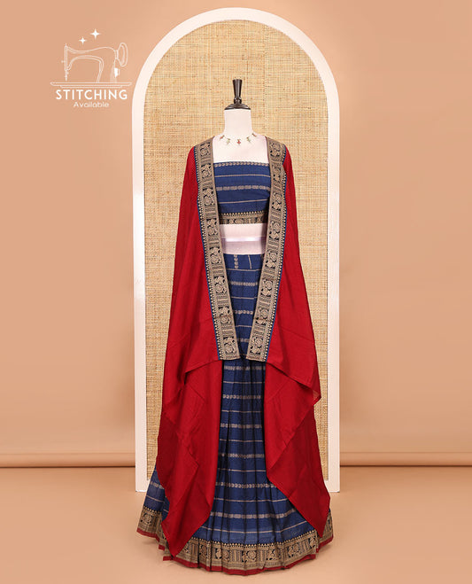 Blue-maroon mercerised cotton half-saree, traditional design resham thread skirt, matching traditional design blouse & contrast syska georgette dhavani