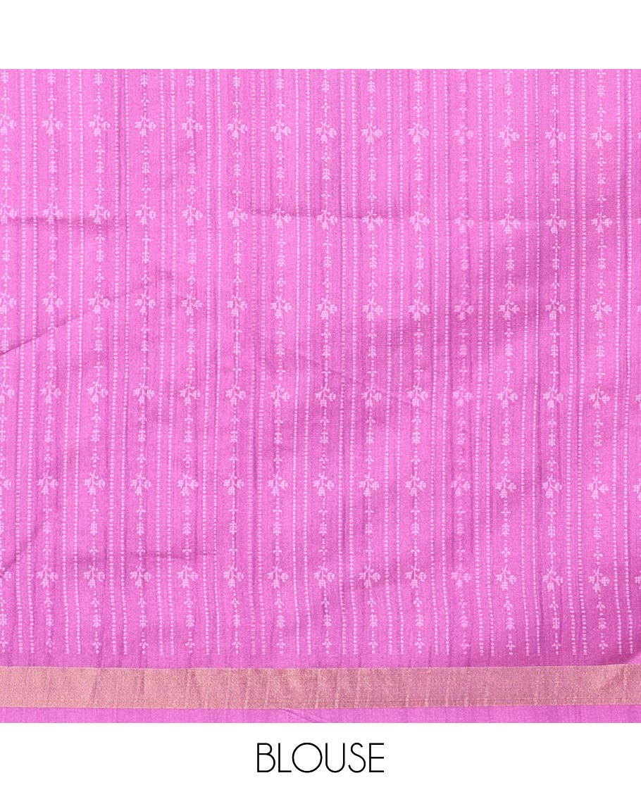 onion pink all-over standing vertical lining printed katan silk saree with contrast double side floral printed design & weaving heavy rich pallu along with contrast printed pallu