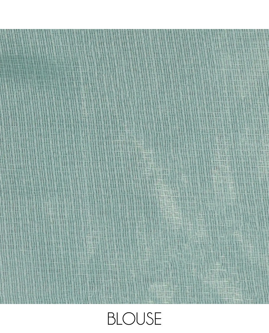 Lavender-green floral vine chickankari embroidered kota chex saree, lace border, floral vine chickankari embroidered pallu, and contrast plain blouse