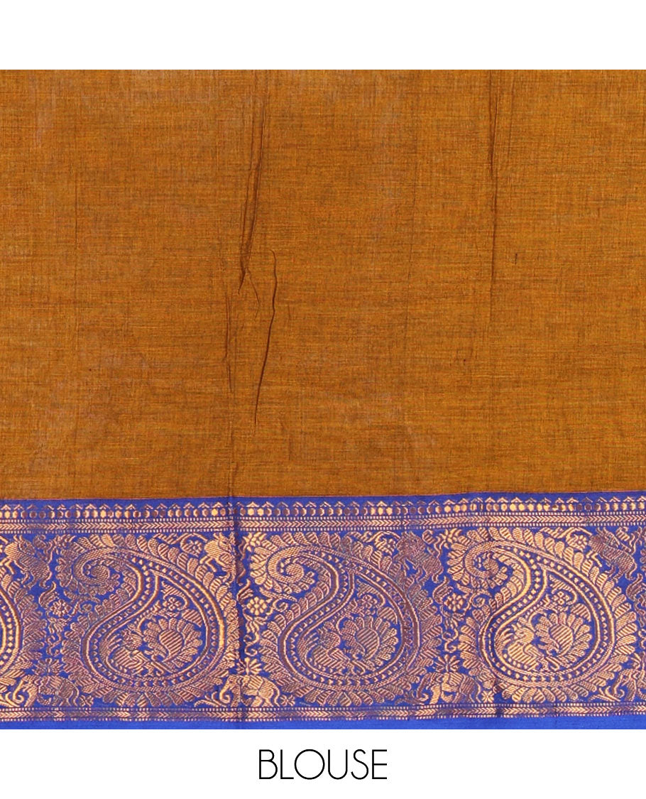 Brown plain design mercerised cotton saree, contrast traditional peacock enclosed manga border, striped pallu & matching blouse