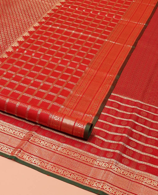Red Samudrika Silk Saree, Delicately Woven with Jacquard Design on Its Body, Highlighted by Zari Border of Annam, Chakram, Neli, Muthu, Kodi Visiry, and Ara Maadam Designs, Grand Pallu of Vanki Designs, and Paired with a Contrast Blouse