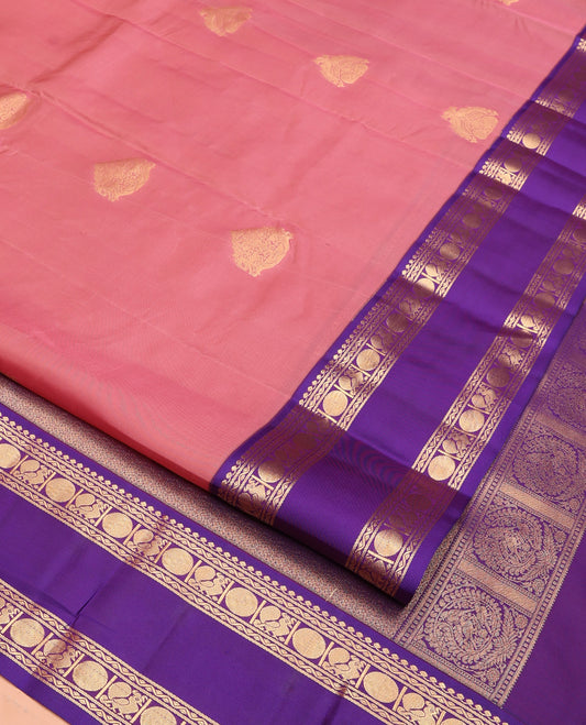 Pink Vasundhara Lite Silk Mix Saree, Adorned with Zari Buttas All Over Its Body, Complemented by Contrast Rettai Pettu Border of Thilakam Mokku, Neli, Poun, and Mayil Designs, and Zari Woven Pallu and Paired with a Contrast Blouse