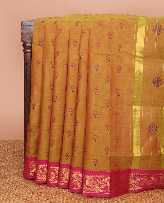 Mustard flower buttas Andhra cotton saree, contrast traditional zari border & zari striped & diamond pallu