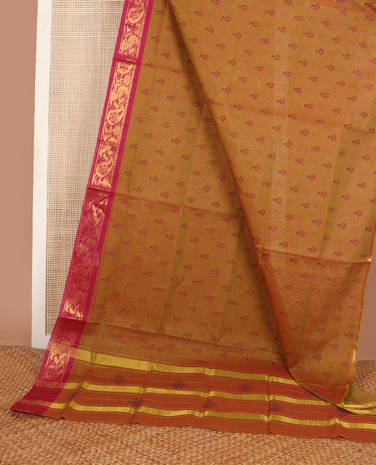 Mustard flower buttas Andhra cotton saree, contrast traditional zari border & zari striped & diamond pallu