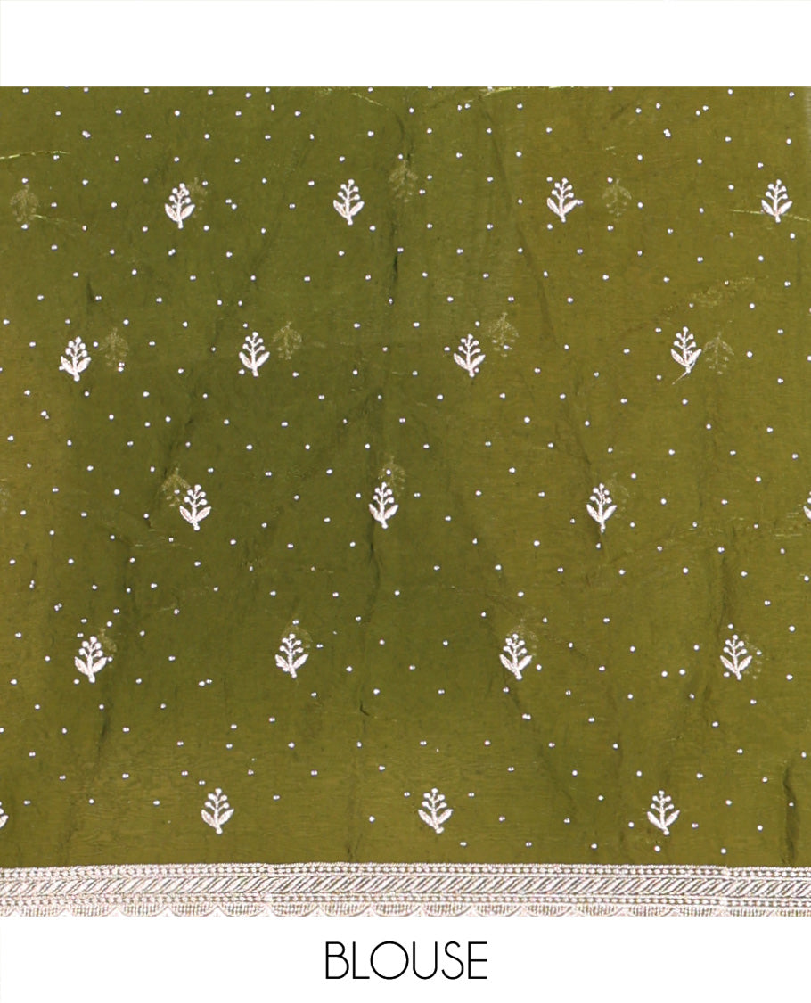Green Organza Half-Saree, with Embroidered Buttas on Its Skirt, Embroidered Scallop Border, Paired with a Matching Blouse, and an Embroidered Fendi Organza Scallop Dhavani