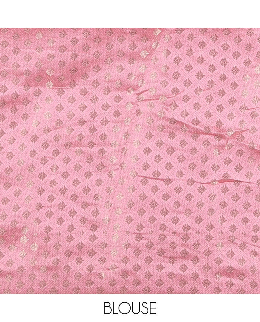 Cream and onion pink semi-banarasi half-saree, zari buttas with contrast swarovski stone work border skirt, contrast zari buttas blouse, and intricate zari dhavani