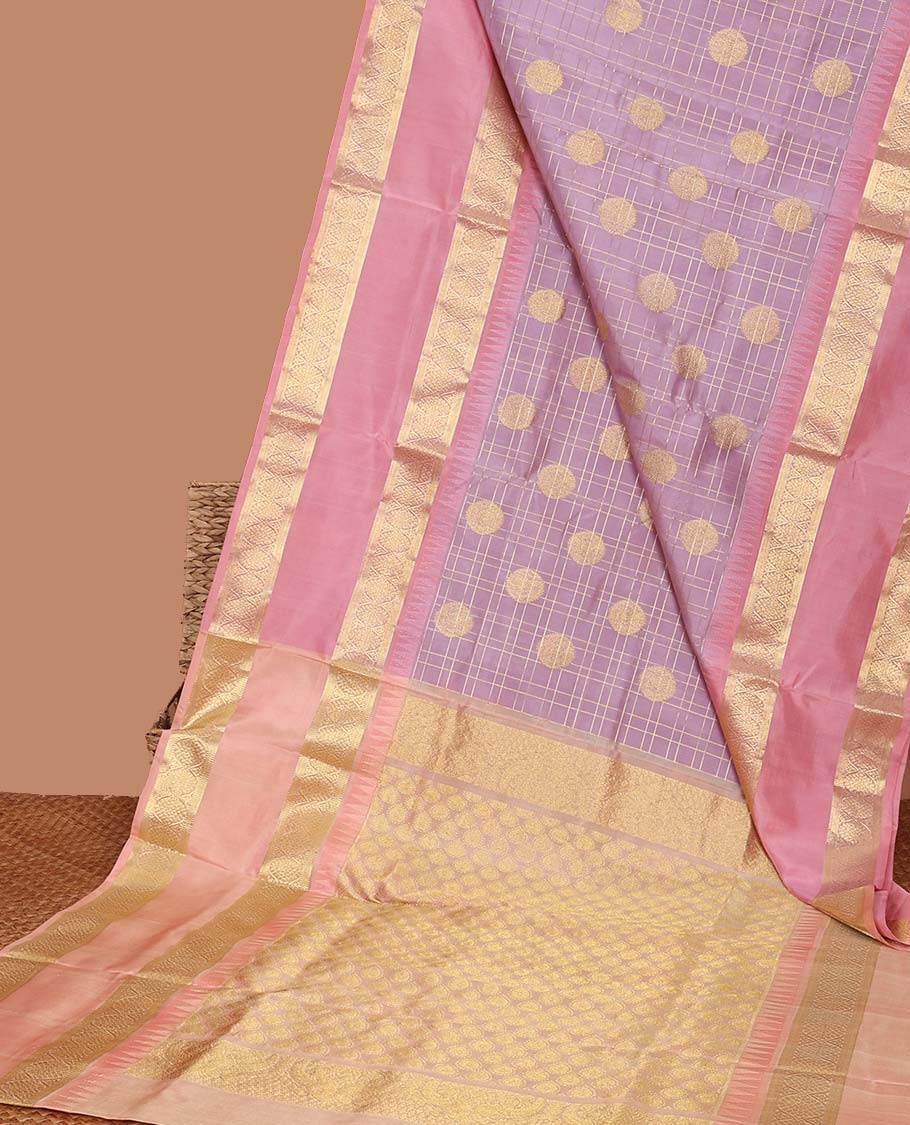 Lavender checked with chakram motifs vengatagiri pure silk saree , contrast traditional zari border & pallu ogee pattern