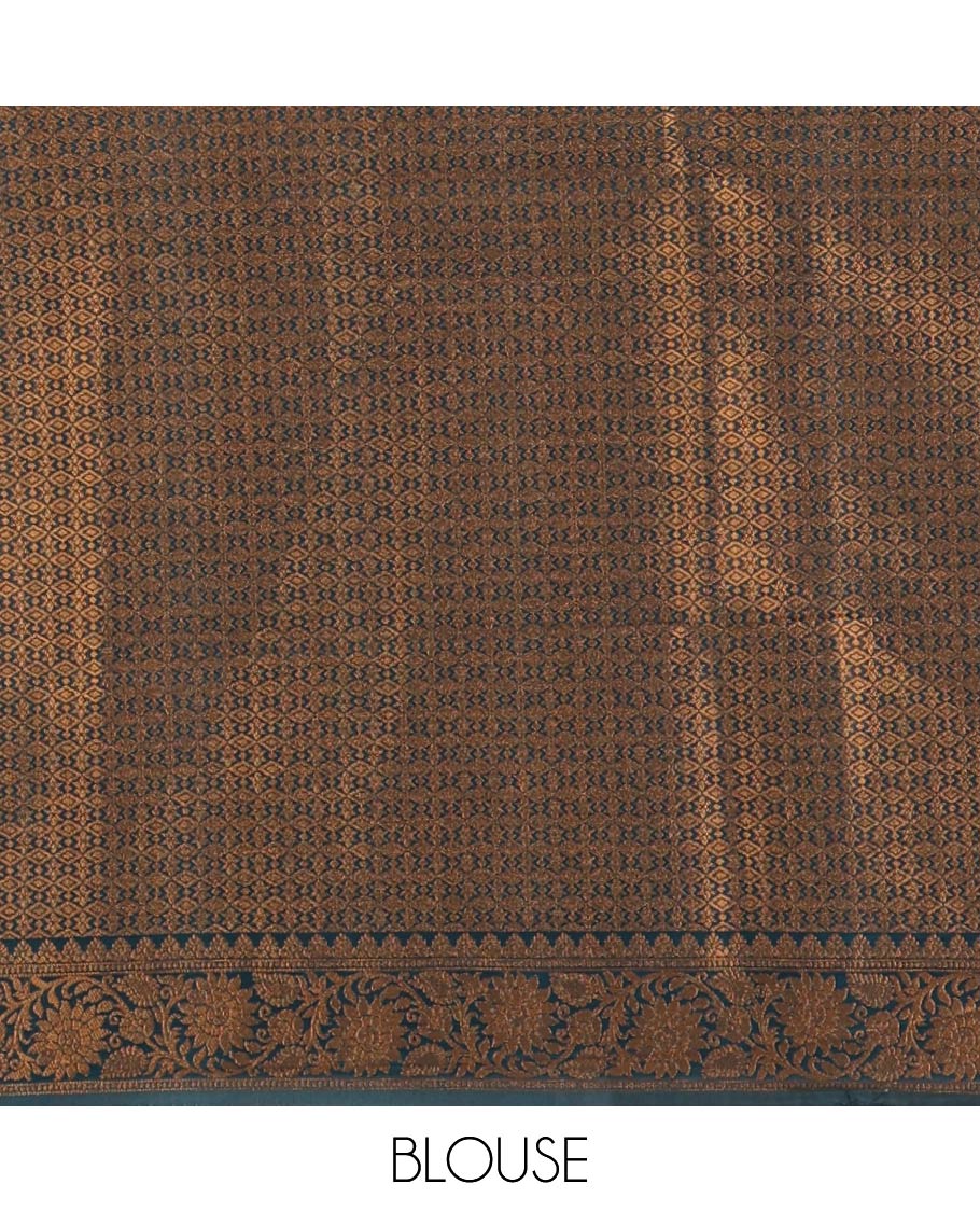 Cream semi-banaras half-saree, zari buttas & contrast Swarovski stonework traditional border skirt, jacquard blouse & contrast jaal jacquard peacock blue dhavani