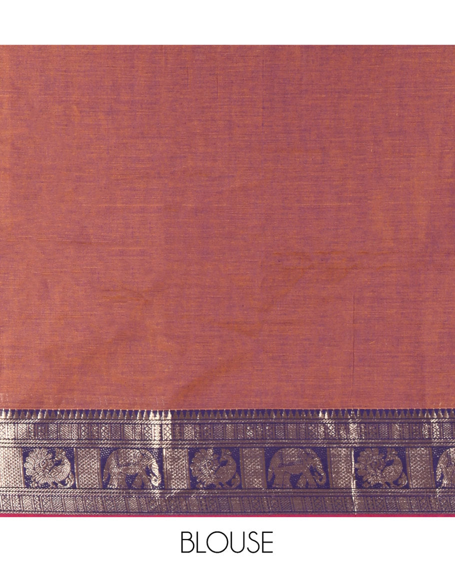 Dark Onion Pink-Rani Pink Mercerised Cotton Half-Saree Features Plain with Contrast Traditional Zari Bordered Skirt, Paired with a Matching Blouse, and Comes with a Contrast Bordered Dhavani