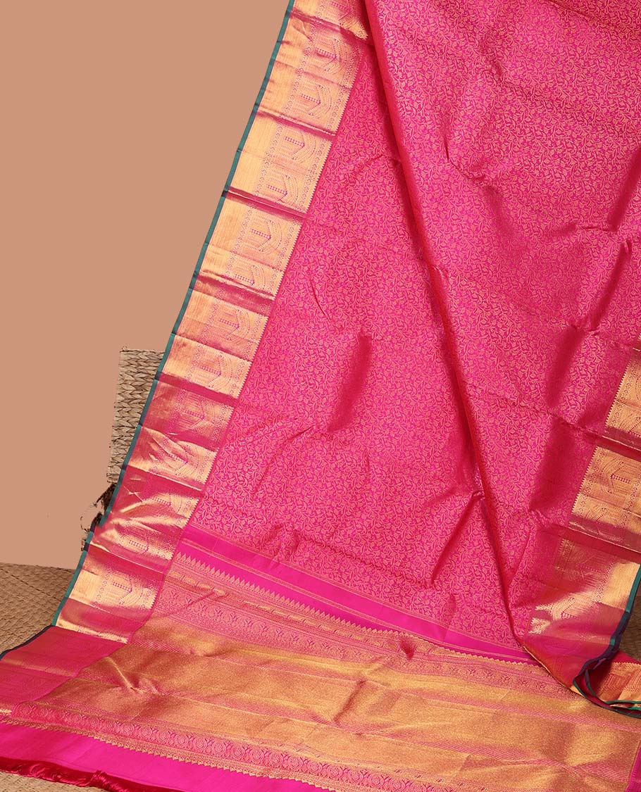 Pink floral vine design silk saree with contrast border of rekku,muthu,paun,banaras designs & intricate zari design pallu