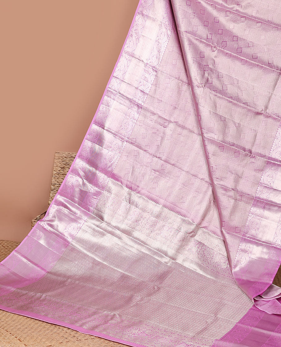 Lavender geometric kancheepuram tissue silk saree, self border of rekku, muthu , banaras design & intricate zari pallu