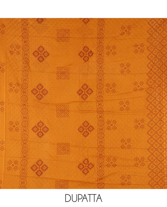 Maroon flex cotton material chudidar set, ikkat printed & oxidised charm woven top, contrast bottom & negative printed dupatta