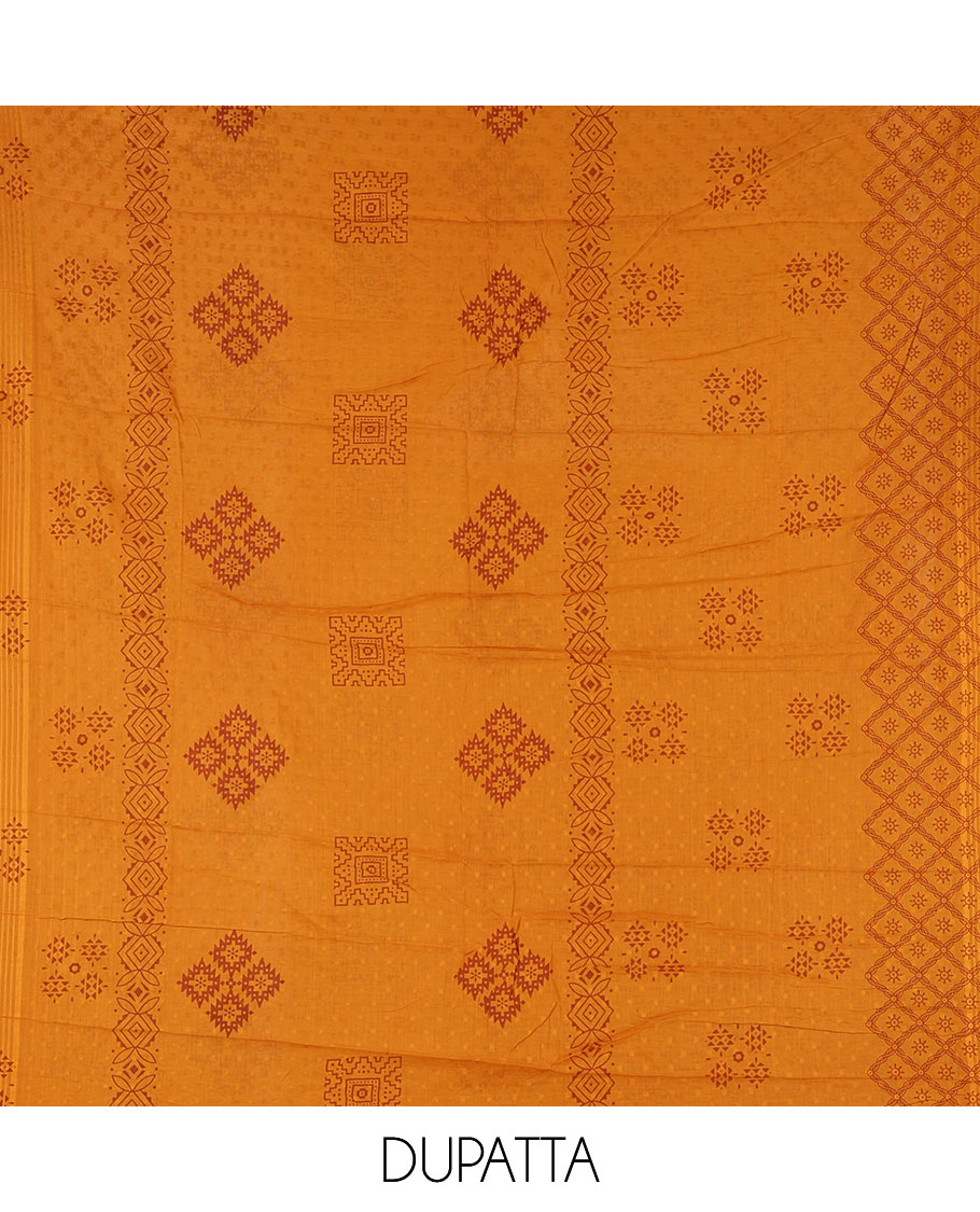 Maroon flex cotton material chudidar set, ikkat printed & oxidised charm woven top, contrast bottom & negative printed dupatta
