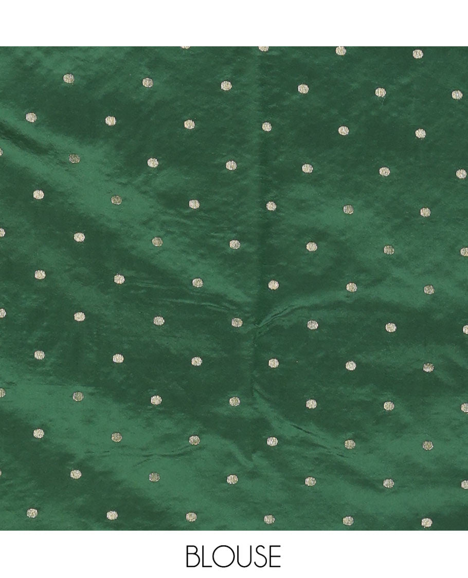 Green Semi-Banarasi Dupion Saree, Subtly Sparkled with Checks and Zari Buttas, a Contrast Traditional Zari Border, Striped Pallu, and a Contrast Blouse