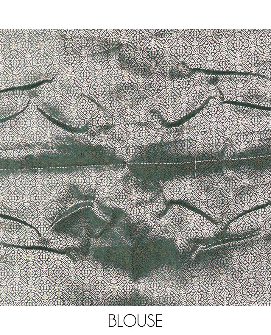 Cream with bottle green semi-banarasi half-saree, zari buttas with contrast traditional zari border skirt, zari jacquard blouse, and zari design dhavani