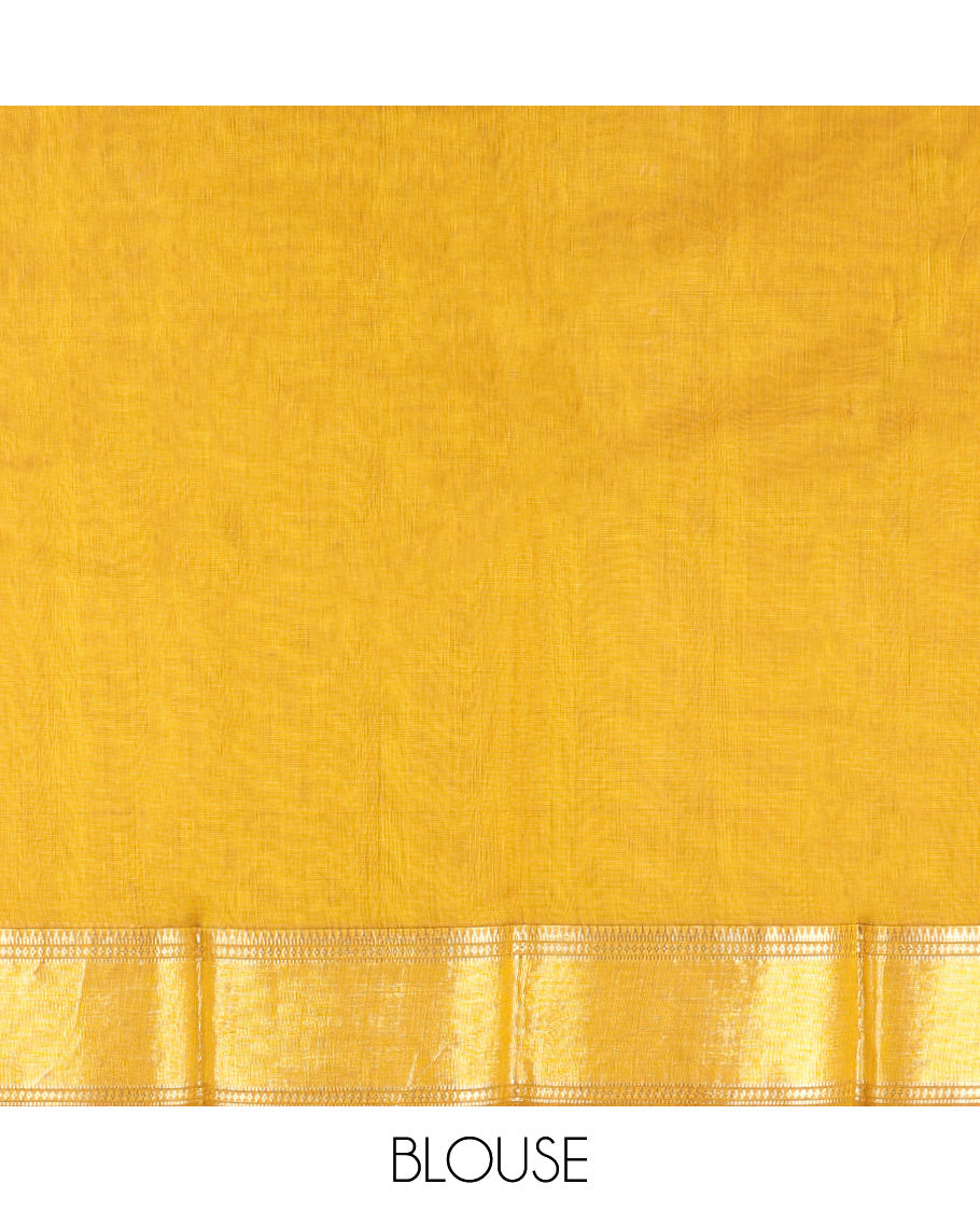 Yellow Silk Cotton Saree, Subtly Woven with Buttas All Over Its Body, Highlighted by Zari Border, Diagonally Woven Pallu and Paired with a Matching Blouse