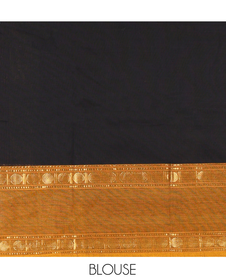 Black-Mustard Chettinad Cotton Half-Saree Featuring Plain Skirt, Contrast Rettai Pettu Rudraksham Border, Matching Blouse, Syska Georgette Dhavani