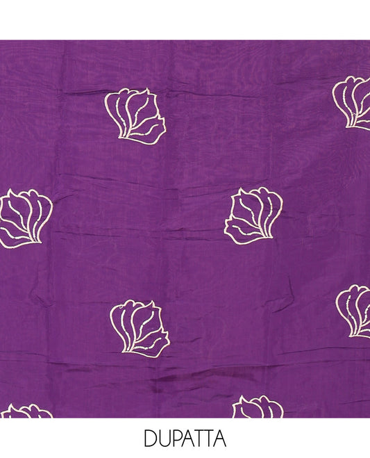 Violet Mul Chanderi Material Churidar Set, Ornamented with Flower Embroidery and Sequins Work V-Neck Top, a Plain Santoon Bottom, and Paired with a Mul Chanderi Floral Embroidered Dupatta