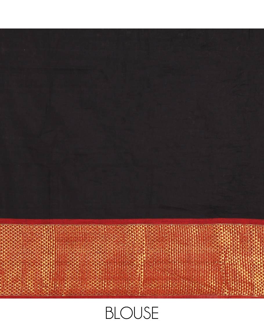 Black-red Mercerised cotton half-saree, plain with contrast arai madam border skirt, matching blouse & contrast arai madam border dhavani