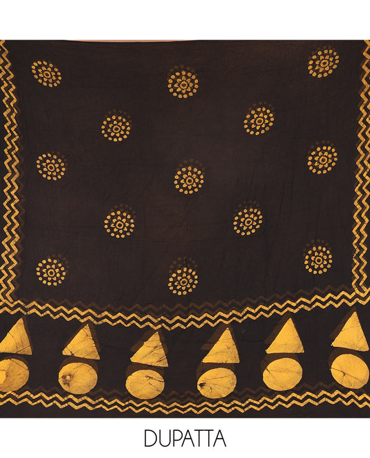 Black and mustard viscose georgette material churidar set, geometric shapes batik hand block printed top, plain bottom, and batik hand block printed dupatta