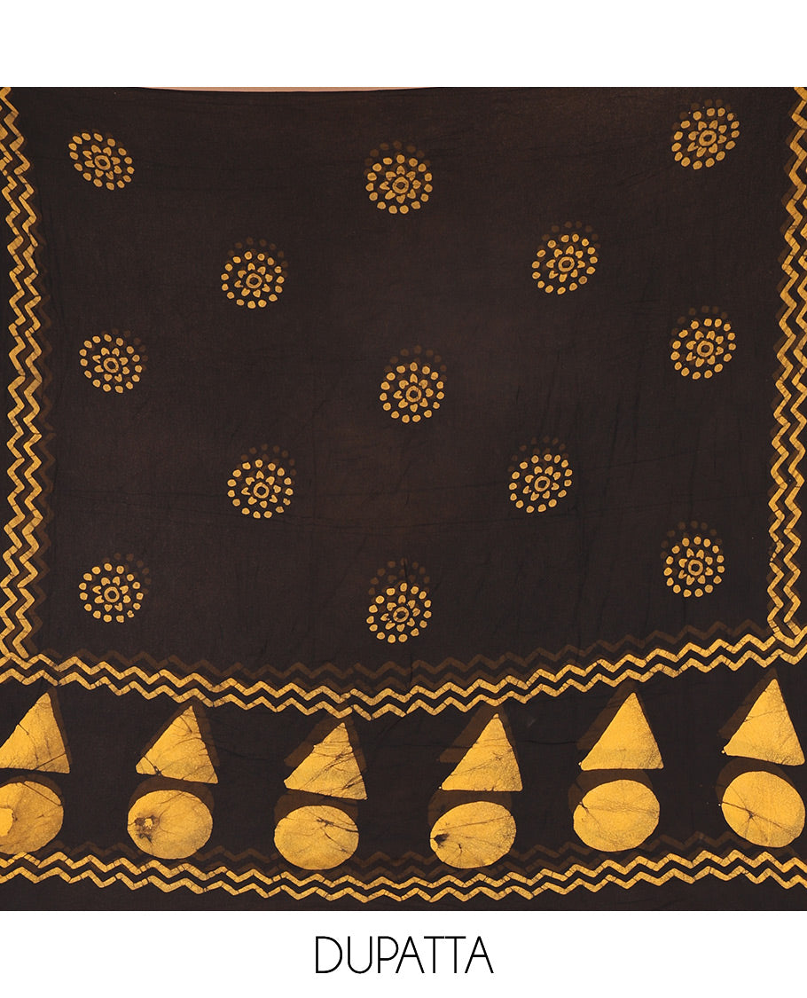 Black and mustard viscose georgette material churidar set, geometric shapes batik hand block printed top, plain bottom, and batik hand block printed dupatta