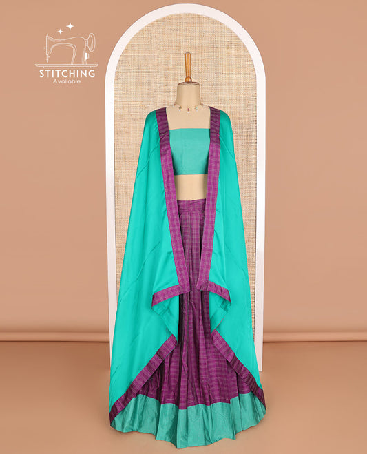 Purple checked poly-cotton half saree with contrast border, plain blouse & plain, checked border dhavani
