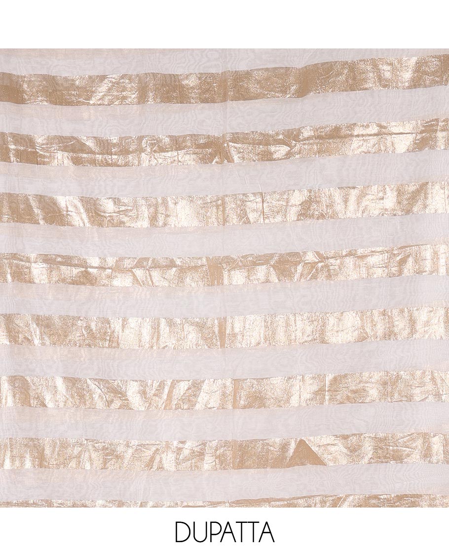 White material chudidar set, plain with pom-pom tasseled mul chanderi top, a matching bottom, and organza dupatta of stripes