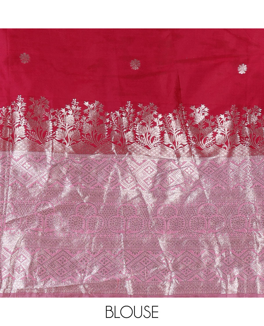 Rani pink taffeta silk half-saree, zari buttas & contrast floral-geometric zari border skirt, zari woven blouse & contrast zari woven dhavani