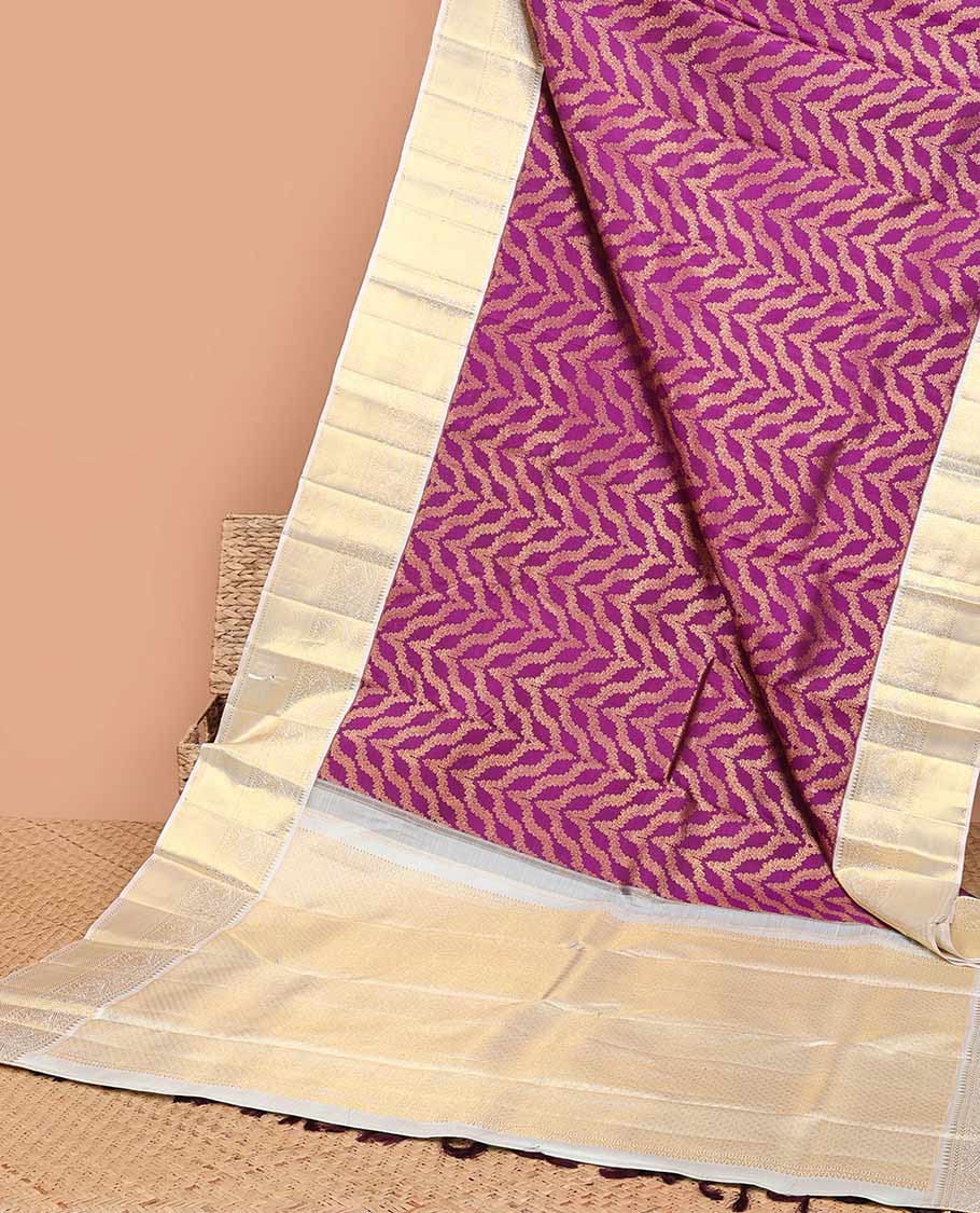 Red jacquard silk saree with contrast border of rekku, kathir, mayil, checked design & intricate zari design pallu